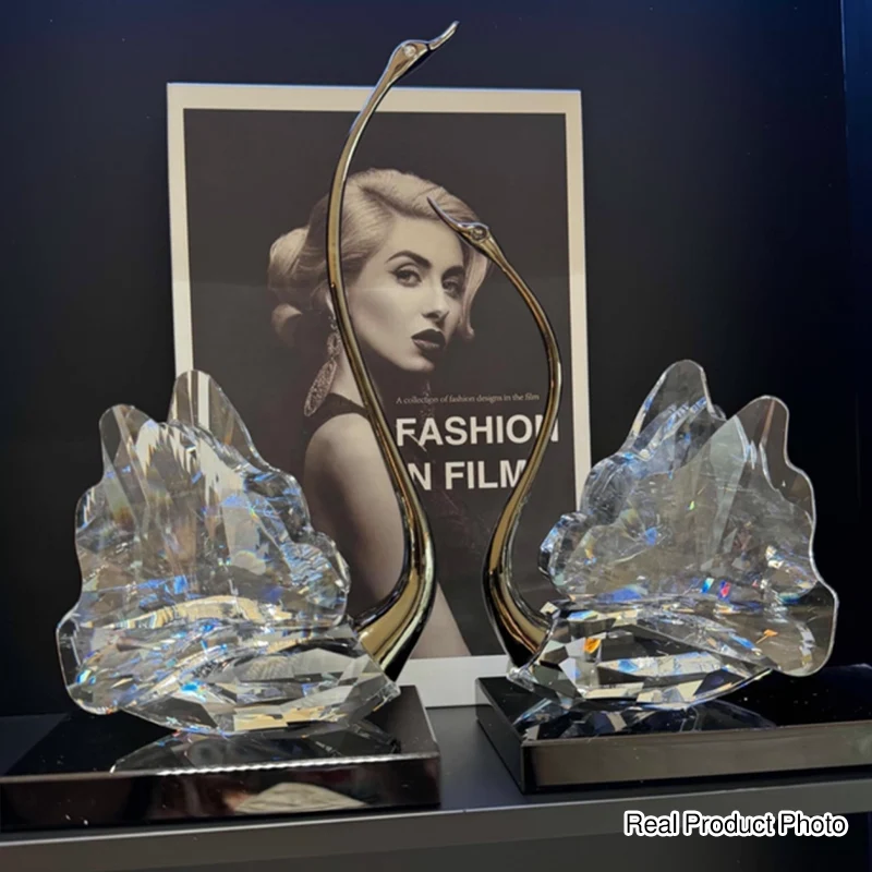 Modern Luxury Crystal Glass Metal Swan Figurine Set Decorative Sculpture Desk Decor For Living Room