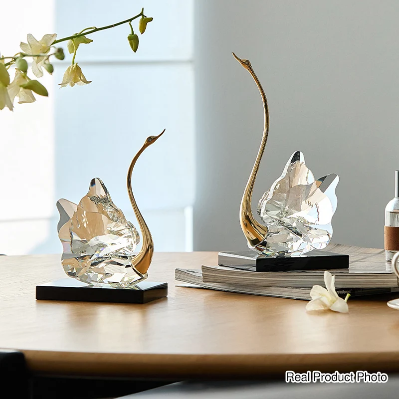 Modern Luxury Crystal Glass Metal Swan Figurine Set Decorative Sculpture Desk Decor For Living Room