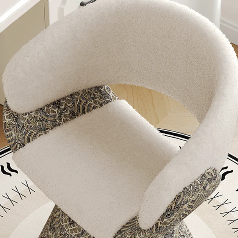 Contemporary Scandinavian Pine Wood Faux Rabbit Fur Faux Nappa & PU Leather Linen Chenille Arc Rotatable Vanity Stool Backrest Armrest For Bedroom