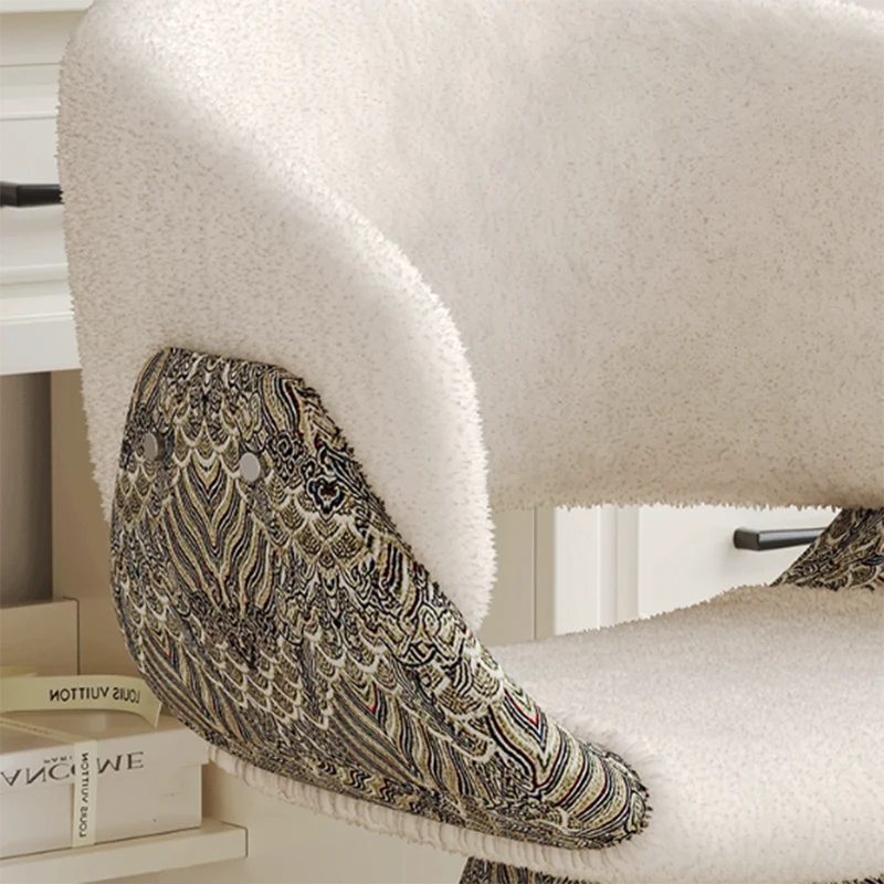 Contemporary Scandinavian Pine Wood Faux Rabbit Fur Faux Nappa & PU Leather Linen Chenille Arc Rotatable Vanity Stool Backrest Armrest For Bedroom