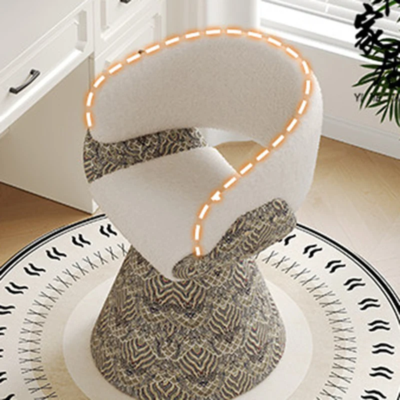 Contemporary Scandinavian Pine Wood Faux Rabbit Fur Faux Nappa & PU Leather Linen Chenille Arc Rotatable Vanity Stool Backrest Armrest For Bedroom