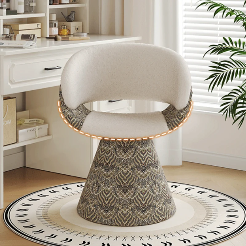 Contemporary Scandinavian Pine Wood Faux Rabbit Fur Faux Nappa & PU Leather Linen Chenille Arc Rotatable Vanity Stool Backrest Armrest For Bedroom