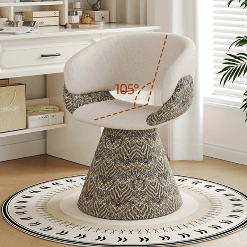 Contemporary Scandinavian Pine Wood Faux Rabbit Fur Faux Nappa & PU Leather Linen Chenille Arc Rotatable Vanity Stool Backrest Armrest For Bedroom