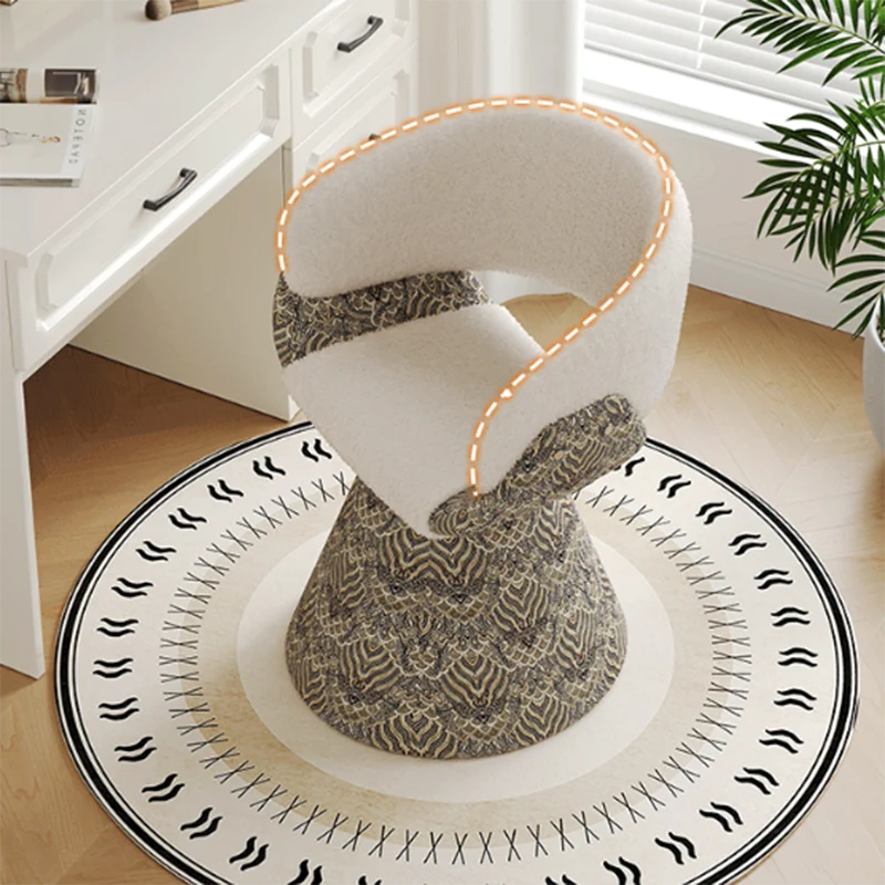 Contemporary Scandinavian Pine Wood Faux Rabbit Fur Faux Nappa & PU Leather Linen Chenille Arc Rotatable Vanity Stool Backrest Armrest For Bedroom