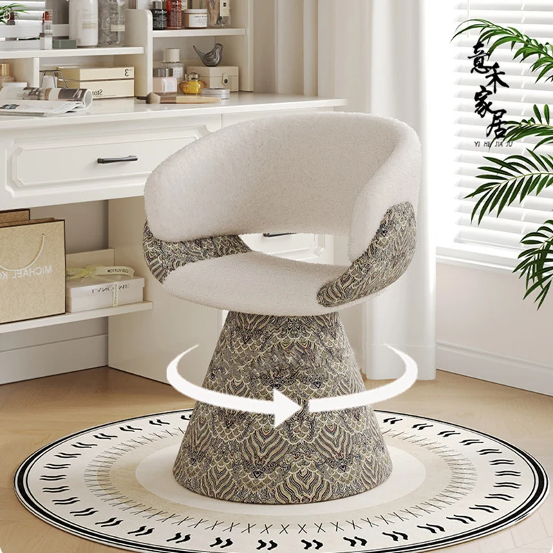 Contemporary Scandinavian Pine Wood Faux Rabbit Fur Faux Nappa & PU Leather Linen Chenille Arc Rotatable Vanity Stool Backrest Armrest For Bedroom