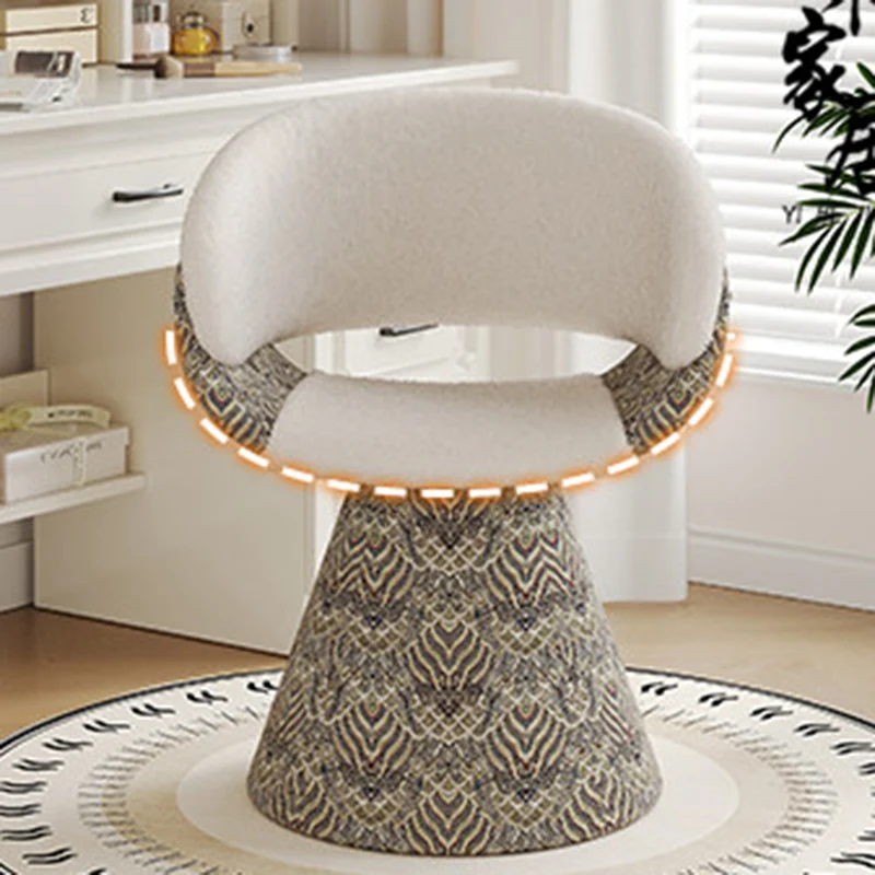 Contemporary Scandinavian Pine Wood Faux Rabbit Fur Faux Nappa & PU Leather Linen Chenille Arc Rotatable Vanity Stool Backrest Armrest For Bedroom