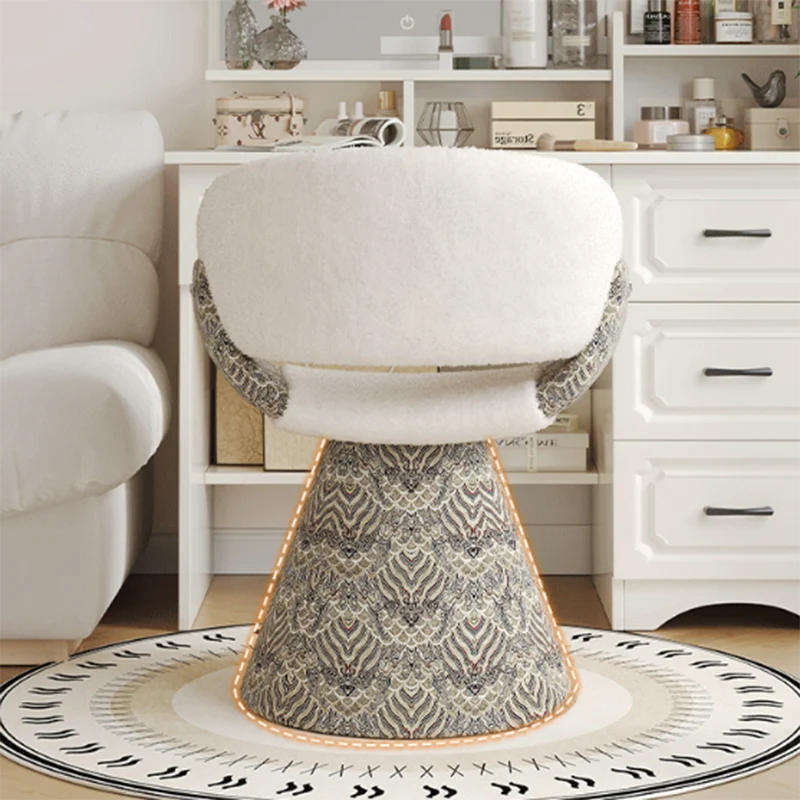 Contemporary Scandinavian Pine Wood Faux Rabbit Fur Faux Nappa & PU Leather Linen Chenille Arc Rotatable Vanity Stool Backrest Armrest For Bedroom