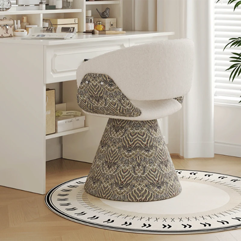 Contemporary Scandinavian Pine Wood Faux Rabbit Fur Faux Nappa & PU Leather Linen Chenille Arc Rotatable Vanity Stool Backrest Armrest For Bedroom