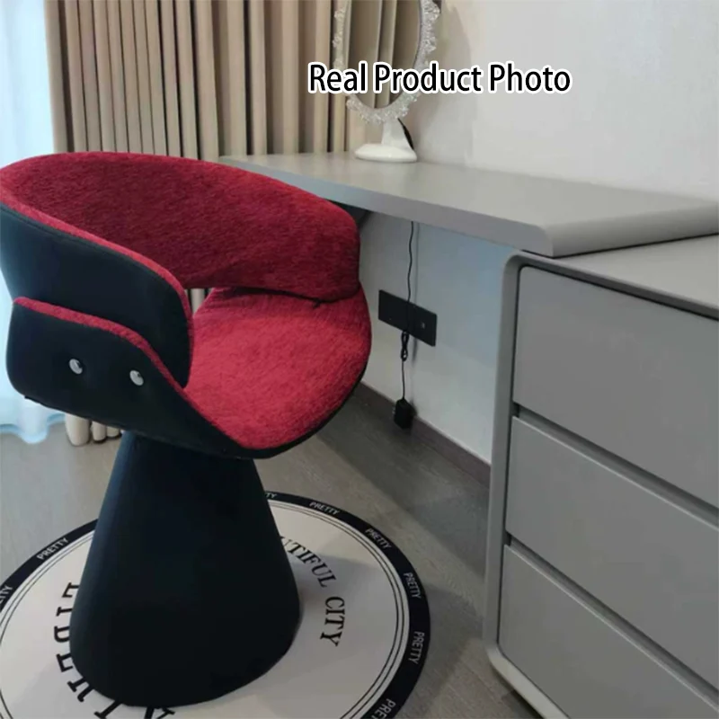 Contemporary Scandinavian Pine Wood Faux Rabbit Fur Faux Nappa & PU Leather Linen Chenille Arc Rotatable Vanity Stool Backrest Armrest For Bedroom
