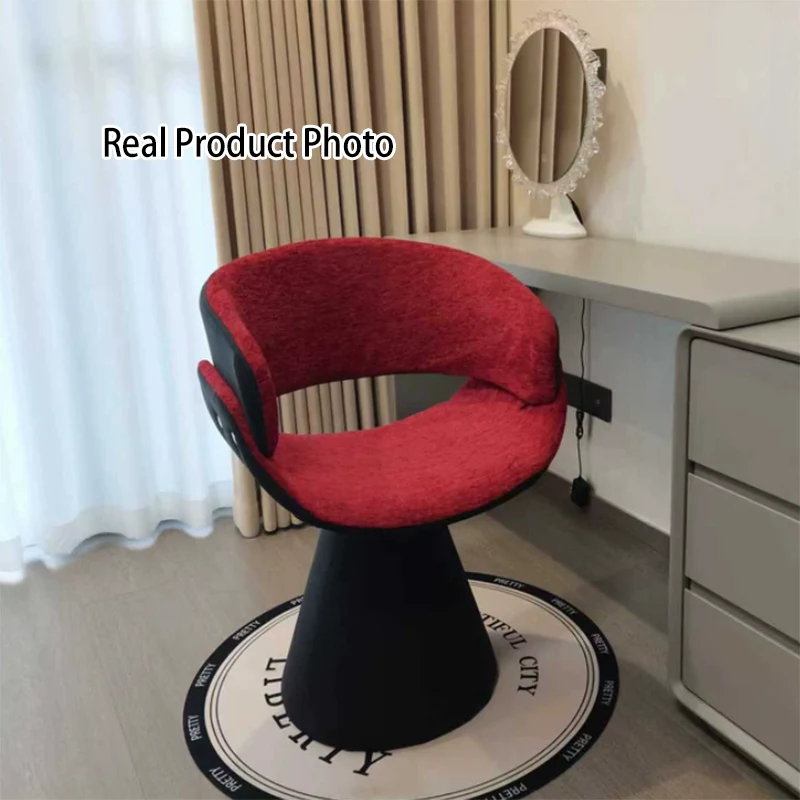 Contemporary Scandinavian Pine Wood Faux Rabbit Fur Faux Nappa & PU Leather Linen Chenille Arc Rotatable Vanity Stool Backrest Armrest For Bedroom