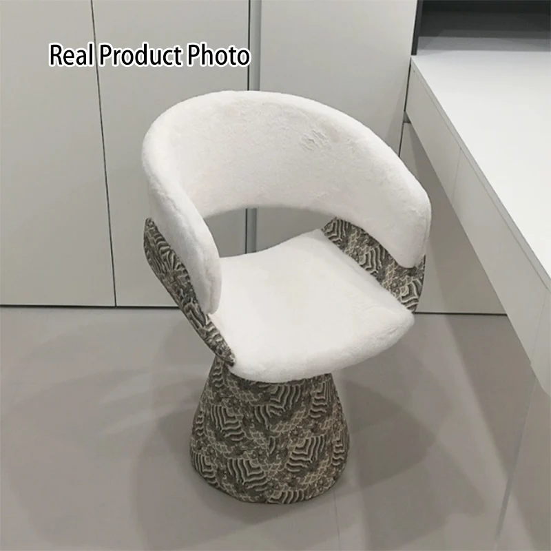 Contemporary Scandinavian Pine Wood Faux Rabbit Fur Faux Nappa & PU Leather Linen Chenille Arc Rotatable Vanity Stool Backrest Armrest For Bedroom