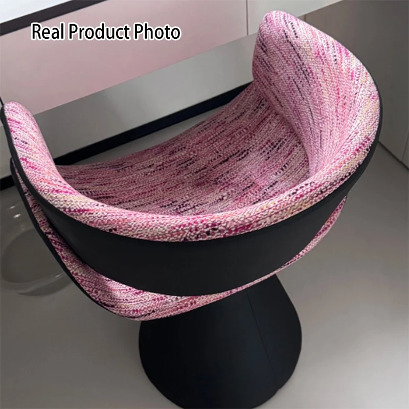 Contemporary Scandinavian Pine Wood Faux Rabbit Fur Faux Nappa & PU Leather Linen Chenille Arc Rotatable Vanity Stool Backrest Armrest For Bedroom