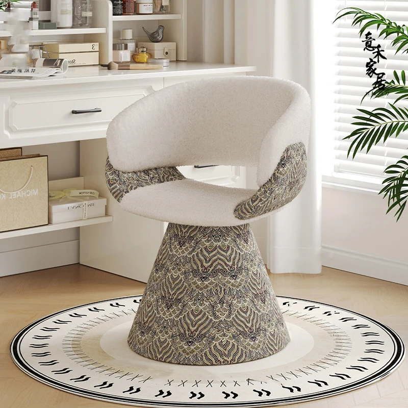 Contemporary Scandinavian Pine Wood Faux Rabbit Fur Faux Nappa & PU Leather Linen Chenille Arc Rotatable Vanity Stool Backrest Armrest For Bedroom