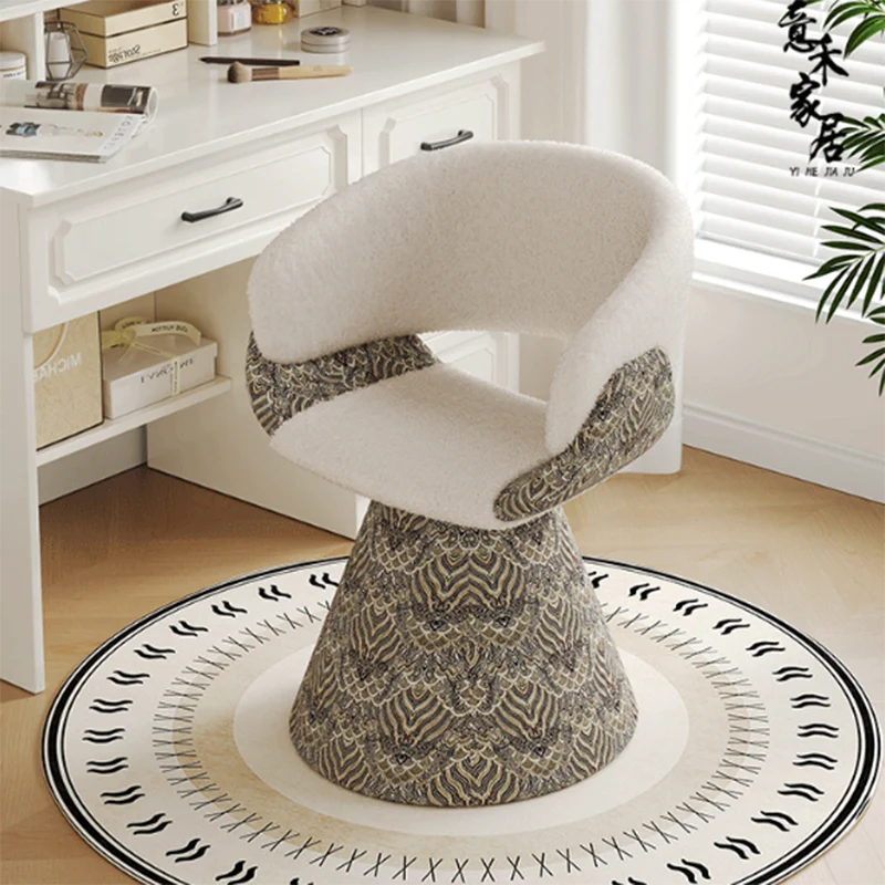 Contemporary Scandinavian Pine Wood Faux Rabbit Fur Faux Nappa & PU Leather Linen Chenille Arc Rotatable Vanity Stool Backrest Armrest For Bedroom