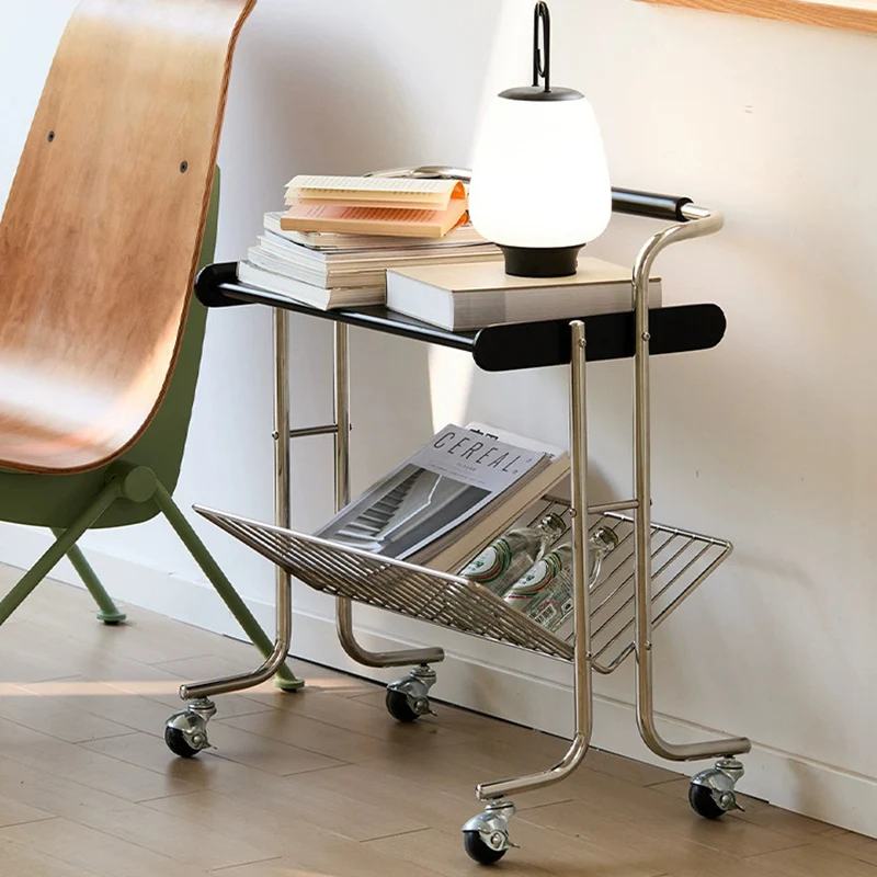 Contemporary Industrial Stainless Steel Rubberwood Rectangular Movable Side Table 2-Tier For Living Room