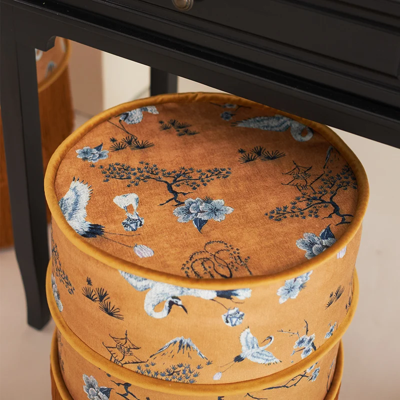 Traditional Chinese Chenille Pine Wood Cylindrical Removable & Washable Design Vanity Stool Backless Armless For Bedroom