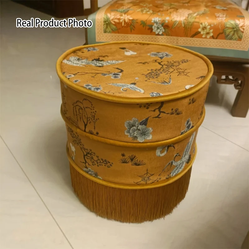 Traditional Chinese Chenille Pine Wood Cylindrical Removable & Washable Design Vanity Stool Backless Armless For Bedroom