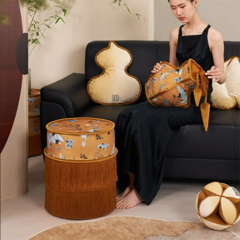 Traditional Chinese Chenille Pine Wood Cylindrical Removable & Washable Design Vanity Stool Backless Armless For Bedroom