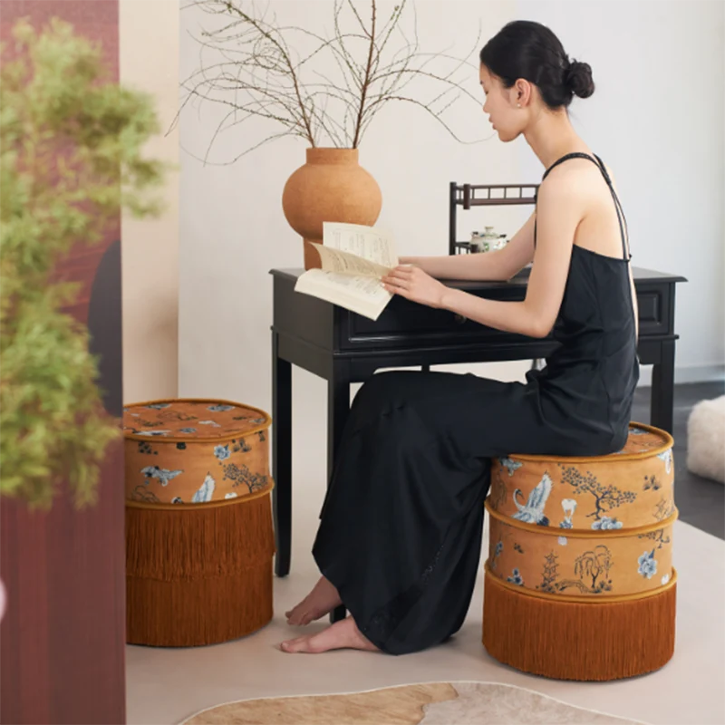Traditional Chinese Chenille Pine Wood Cylindrical Removable & Washable Design Vanity Stool Backless Armless For Bedroom