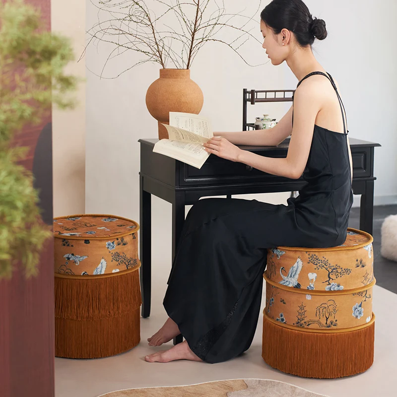 Traditional Chinese Chenille Pine Wood Cylindrical Removable & Washable Design Vanity Stool Backless Armless For Bedroom