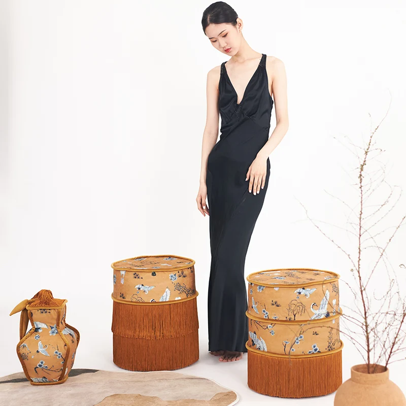 Traditional Chinese Chenille Pine Wood Cylindrical Removable & Washable Design Vanity Stool Backless Armless For Bedroom
