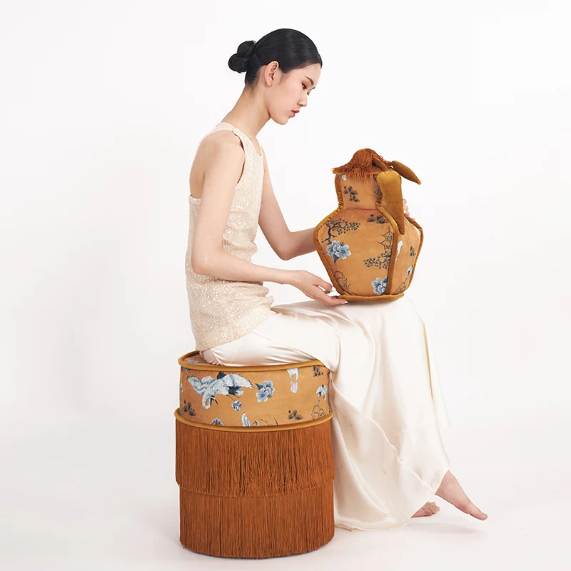 Traditional Chinese Chenille Pine Wood Cylindrical Removable & Washable Design Vanity Stool Backless Armless For Bedroom