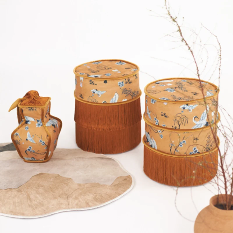 Traditional Chinese Chenille Pine Wood Cylindrical Removable & Washable Design Vanity Stool Backless Armless For Bedroom