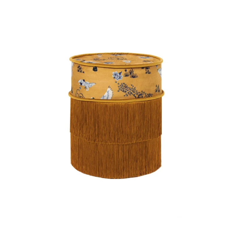 Traditional Chinese Chenille Pine Wood Cylindrical Removable & Washable Design Vanity Stool Backless Armless For Bedroom
