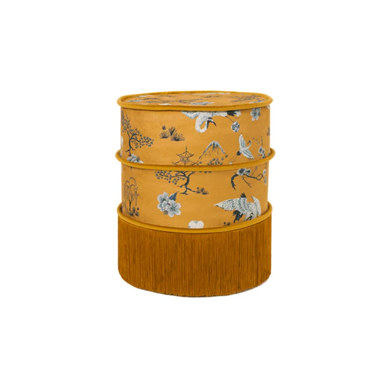 Traditional Chinese Chenille Pine Wood Cylindrical Removable & Washable Design Vanity Stool Backless Armless For Bedroom