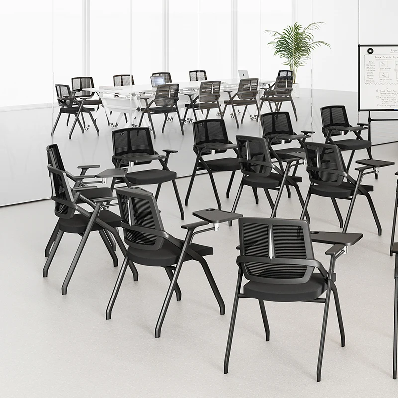 Modern Ergonomic Folding Training Chair With 180° Tablet Arm - Rectangular Nesting Desk Chair With Flip-up Seat & Breathable Mesh Back For Home Office