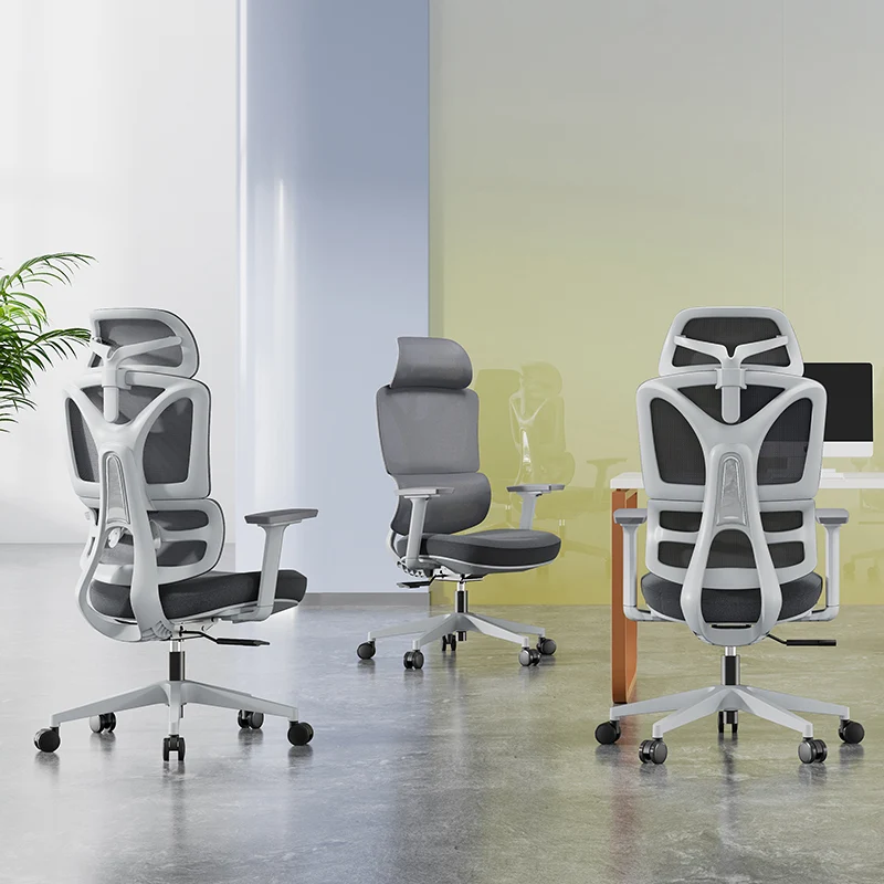 Modern Grey Ergonomic High Back Mesh Office Chair - Adjustable Headrest Lumbar Support Desk Chair For Home Office