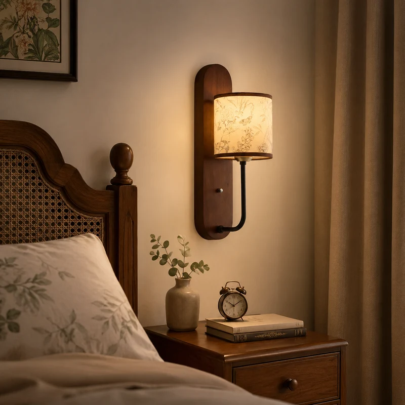 Contemporary Retro Rubberwood Metal Fabric Cylindrical Shade 1-Light Wall Sconce Lamp For Bedroom
