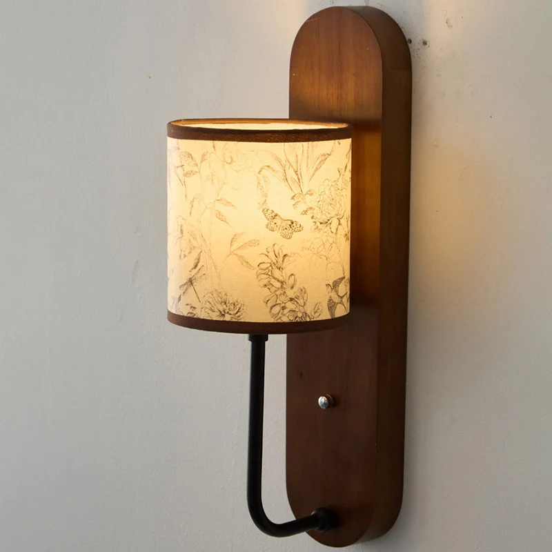 Contemporary Retro Rubberwood Metal Fabric Cylindrical Shade 1-Light Wall Sconce Lamp For Bedroom