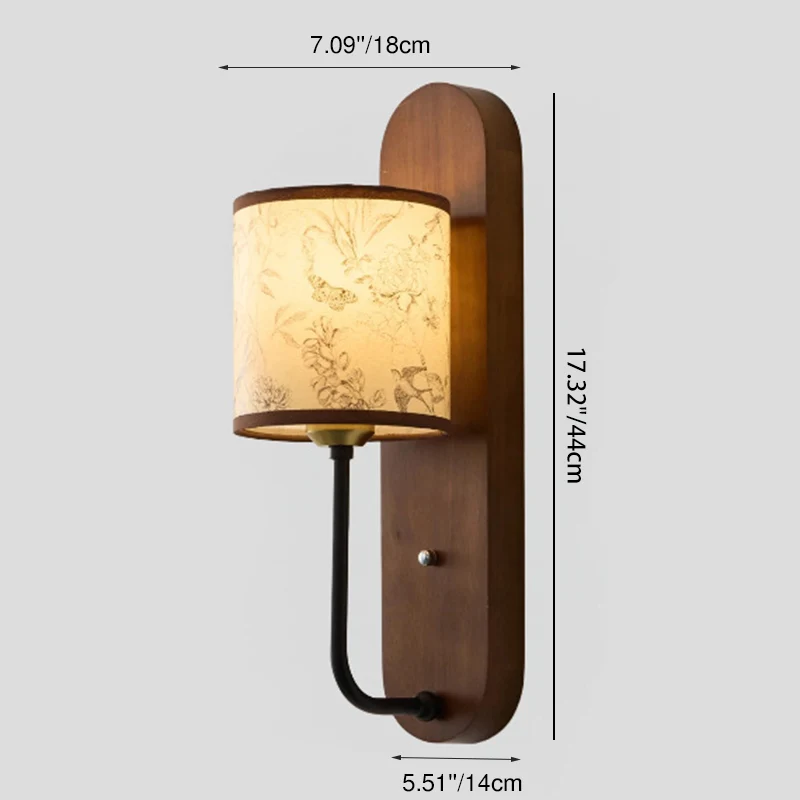 Contemporary Retro Rubberwood Metal Fabric Cylindrical Shade 1-Light Wall Sconce Lamp For Bedroom