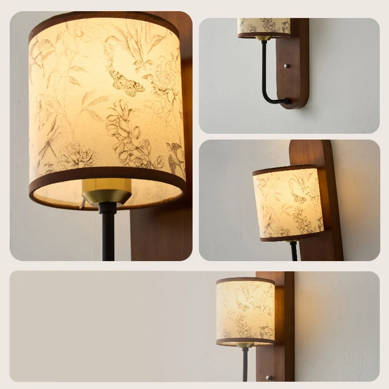 Contemporary Retro Rubberwood Metal Fabric Cylindrical Shade 1-Light Wall Sconce Lamp For Bedroom
