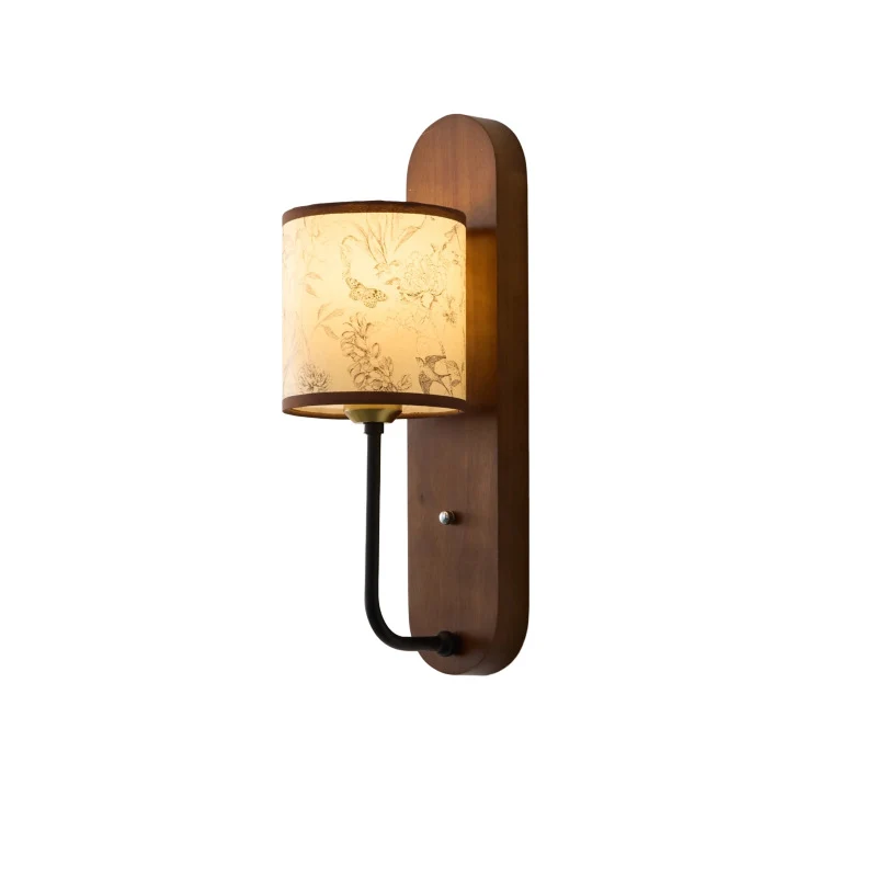 Contemporary Retro Rubberwood Metal Fabric Cylindrical Shade 1-Light Wall Sconce Lamp For Bedroom