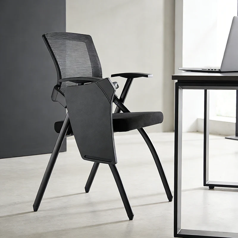 Modern High-Resilience Foam Mesh Desk Chair - Rectangular Cross-Leg Design Foldable Armrest & Writing Tablet Arm Office Chair For Home Office