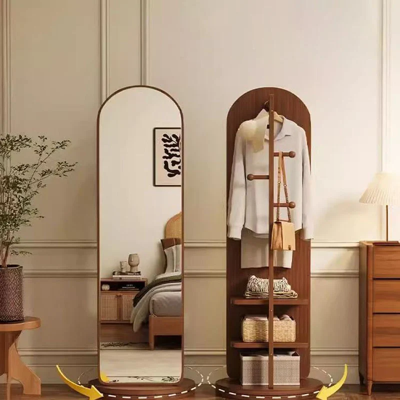 Modern Minimalist MDF Round Oval Swivel Full-Length Floor Mirror 3-Tier Storage & Clothes Hanger For Bedroom & Living Room