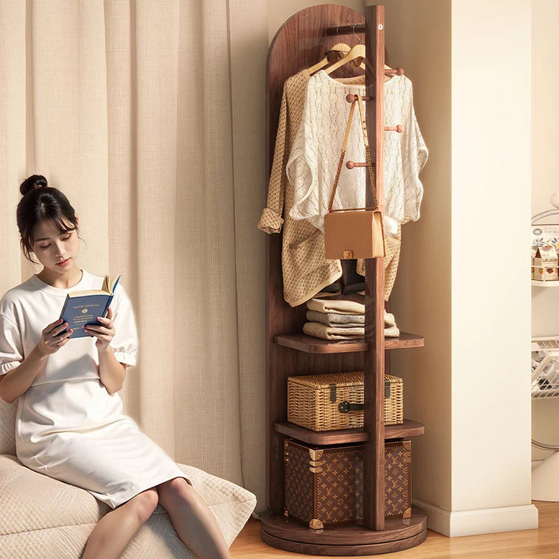 Modern Minimalist MDF Round Oval Swivel Full-Length Floor Mirror 3-Tier Storage & Clothes Hanger For Bedroom & Living Room