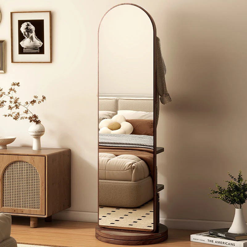 Modern Minimalist MDF Round Oval Swivel Full-Length Floor Mirror 3-Tier Storage & Clothes Hanger For Bedroom & Living Room