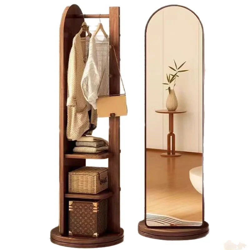 Modern Minimalist MDF Round Oval Swivel Full-Length Floor Mirror 3-Tier Storage & Clothes Hanger For Bedroom & Living Room