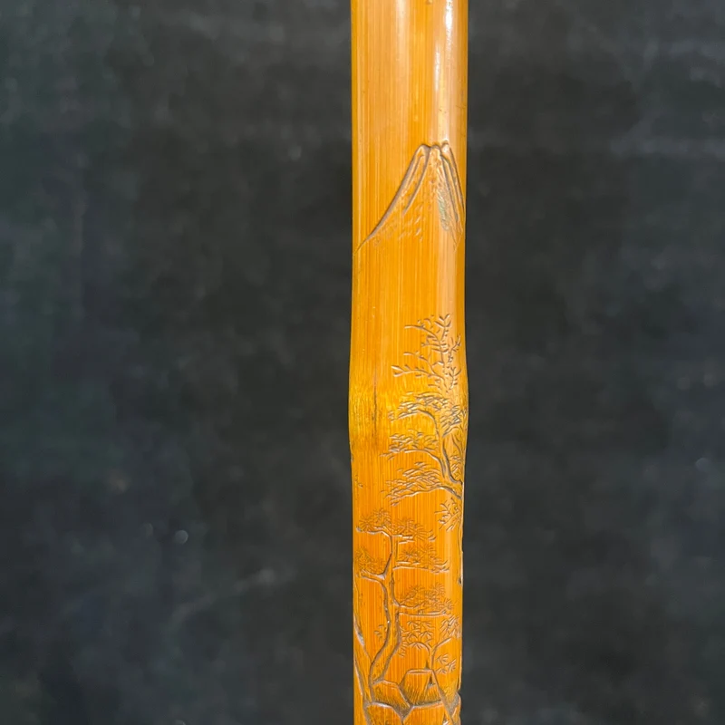 Chinese walking stick, carved wood, oriental mountain landscapes