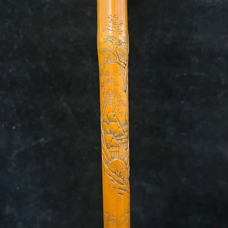Chinese walking stick, carved wood, oriental mountain landscapes