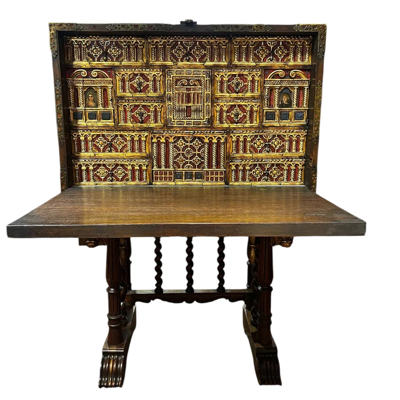 Spanish walnut bargueño, 19th century, polychrome details, bronze and iron appliqués