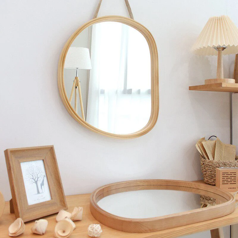 Contemporary Nordic Plywood Oval Wooden Wall Mirror Makeup Vanity Mirror For Bathroom Bedroom