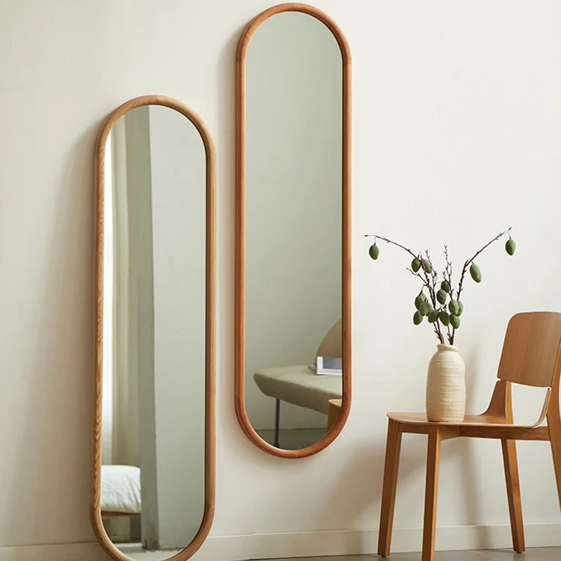 Contemporary Nordic Walnut Cherry Wood & Plywood Glass Oval Wall Mirror With Floor-Standing & Wall-Mounted Design For Entryway, Living Room, Bedroom