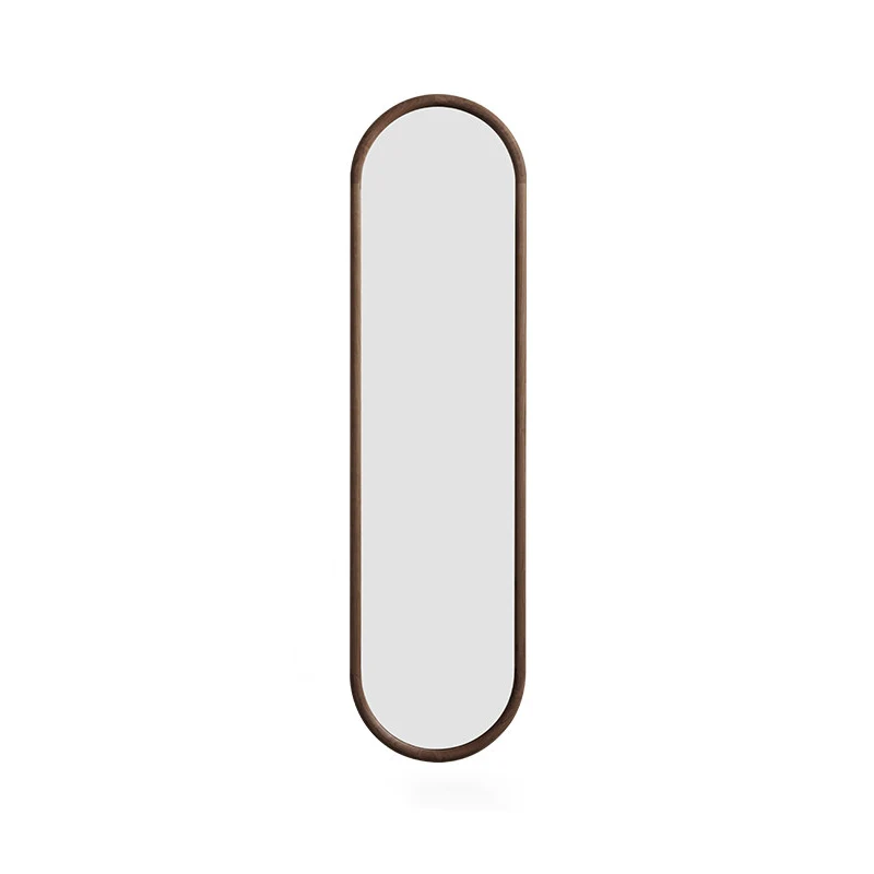Contemporary Nordic Walnut Cherry Wood & Plywood Glass Oval Wall Mirror With Floor-Standing & Wall-Mounted Design For Entryway, Living Room, Bedroom