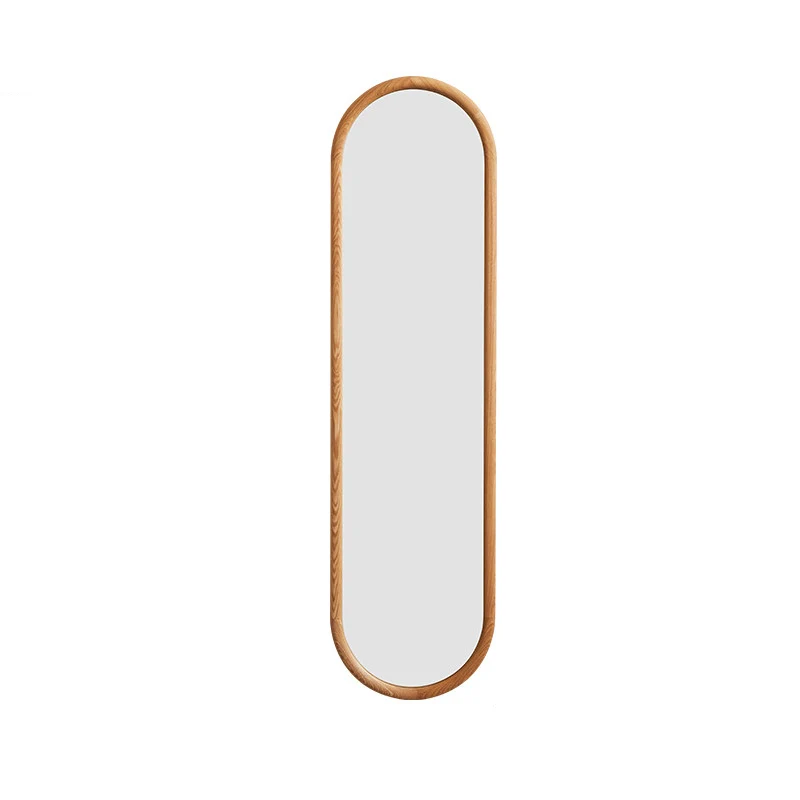 Contemporary Nordic Walnut Cherry Wood & Plywood Glass Oval Wall Mirror With Floor-Standing & Wall-Mounted Design For Entryway, Living Room, Bedroom