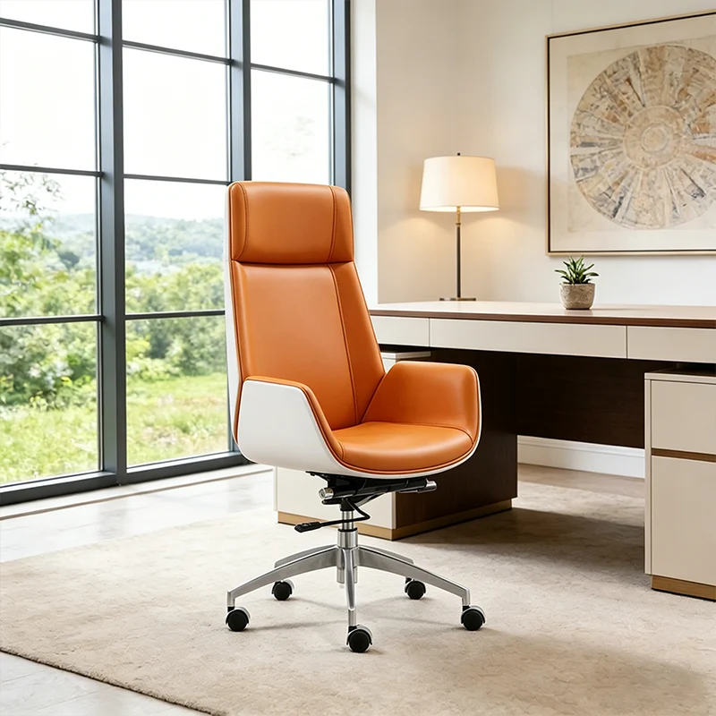 Modern Executive Premium Brazilian Cowhide Leather Contact Surface Office Chair - Rectangular High Back Height-Adjustable Swivel Desk Chair For Home Office