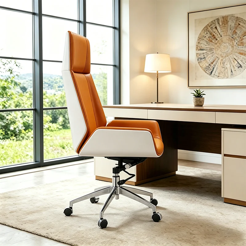 Modern Executive Premium Brazilian Cowhide Leather Contact Surface Office Chair - Rectangular High Back Height-Adjustable Swivel Desk Chair For Home Office